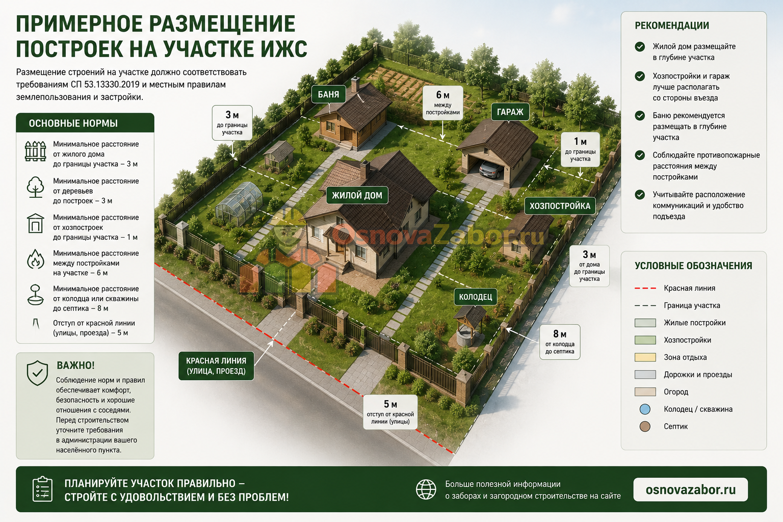 Схема расположения дома, хозяйственных построек и забора на участке ИЖС